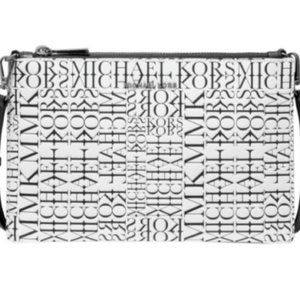 Michael Kors Adele Newsprint Logo Optic White/Black Leather NWT